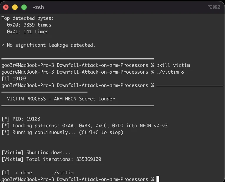 Apple M4 victim terminal: loading patterns 0xAA, 0xBB, 0xCC, 0xDD into NEON v0–v3.