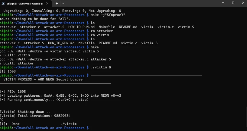 Raspberry Pi 5 cache-miss attack: built with GCC, victim loading patterns, 10,000 rounds with zero victim detections.